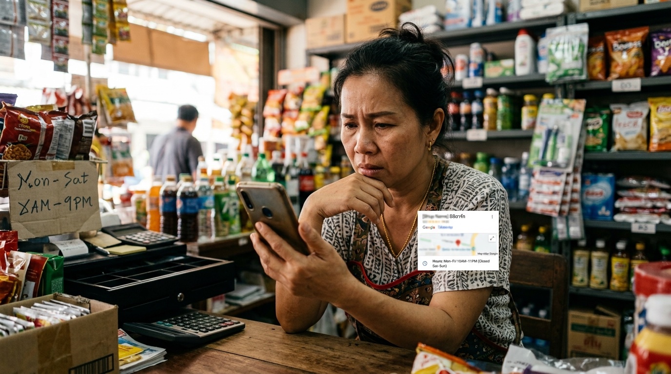 เจ้าของธุรกิจกำลังอ่านคำสรุปจากการค้นหาด้วย AI ที่ระบุข้อมูลผิดเกี่ยวกับเวลาทำการและนโยบายของร้าน