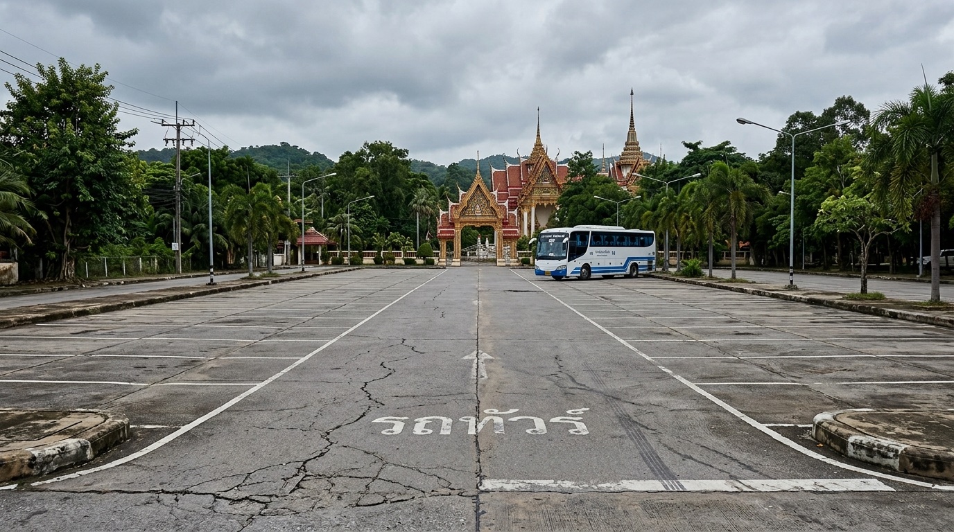 ลานจอดรถบัสทัวร์ว่างเปล่าที่แหล่งท่องเที่ยวไทยในช่วงโลว์ซีซัน