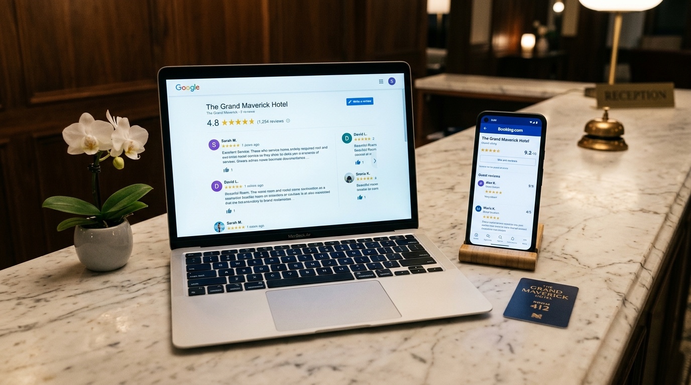 เจ้าของโรงแรมไทยกำลังเปรียบเทียบข้อมูลรีวิวจากหลายแหล่งบนแท็บเล็ตและโน้ตบุ๊ก