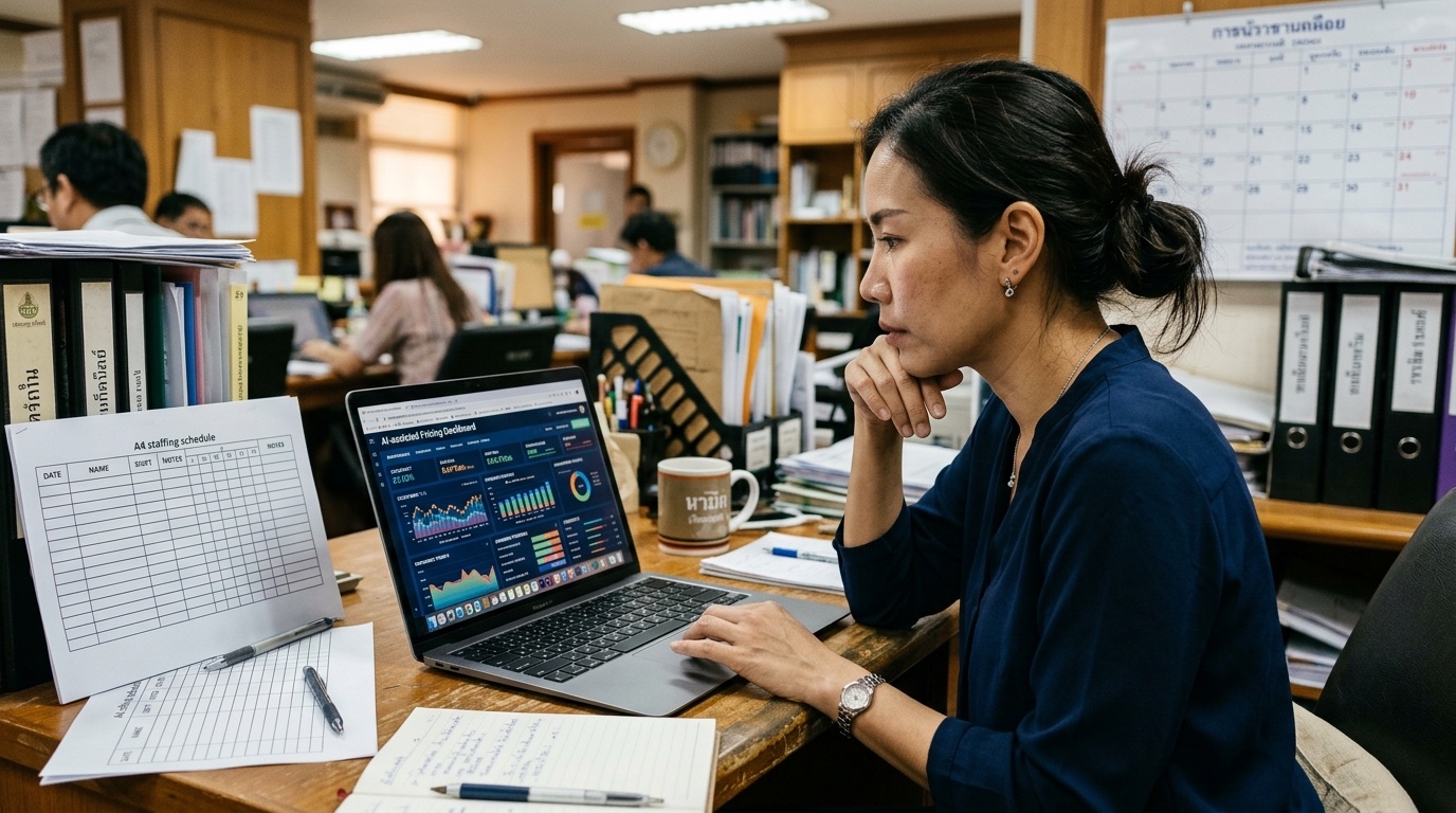 ผู้จัดการรายได้โรงแรมกำลังดูแดชบอร์ดตั้งราคาที่ช่วยด้วย AI แทนตารางกำลังคน