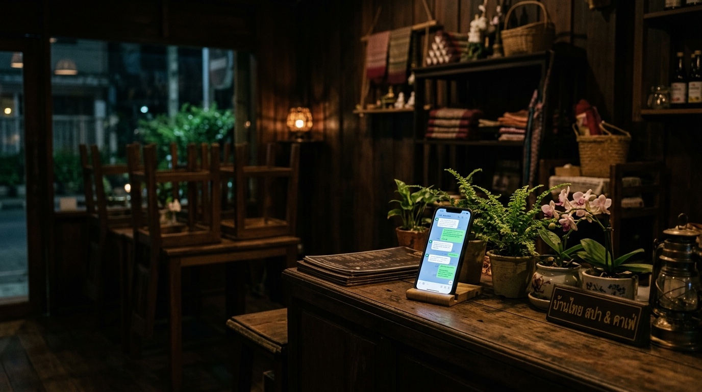 ร้านสปาคาเฟ่ไทยยามค่ำคืนที่ปิดแล้ว มีเพียงมือถือบนเคาน์เตอร์เรืองแสงแสดงแชท LINE ที่บอทกำลังตอบลูกค้าอัตโนมัติ