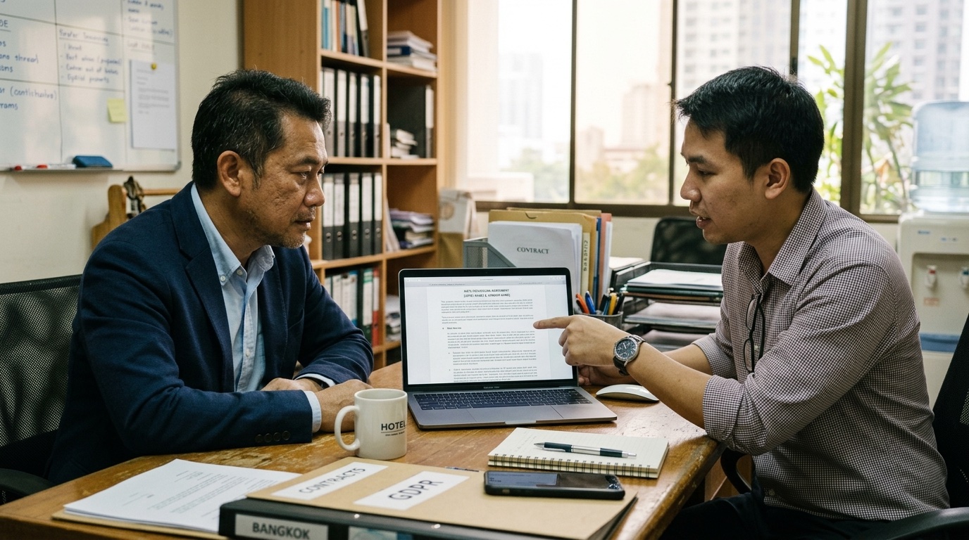 ผู้จัดการทั่วไปโรงแรมและผู้ให้บริการไอทีกำลังตรวจสอบสัญญาประมวลผลข้อมูลบนแล็ปท็อป