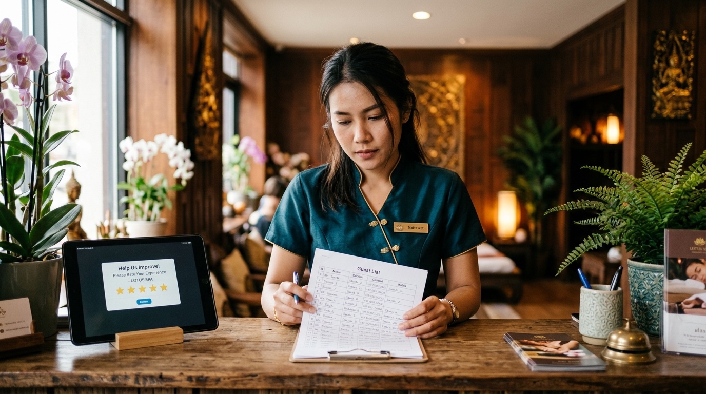 พนักงานหน้าเคาน์เตอร์สปาไทยกำลังตัดสินใจว่าจะส่งคำขอรีวิวให้แขกคนไหน