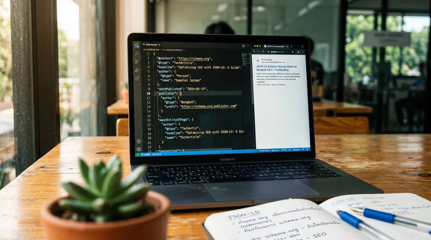 นักพัฒนาเปรียบเทียบโค้ด JSON-LD schema ของหน้าเว็บกับผลการอ้างอิงจากการค้นหา AI จริงบนหน้าจอที่แบ่งครึ่ง