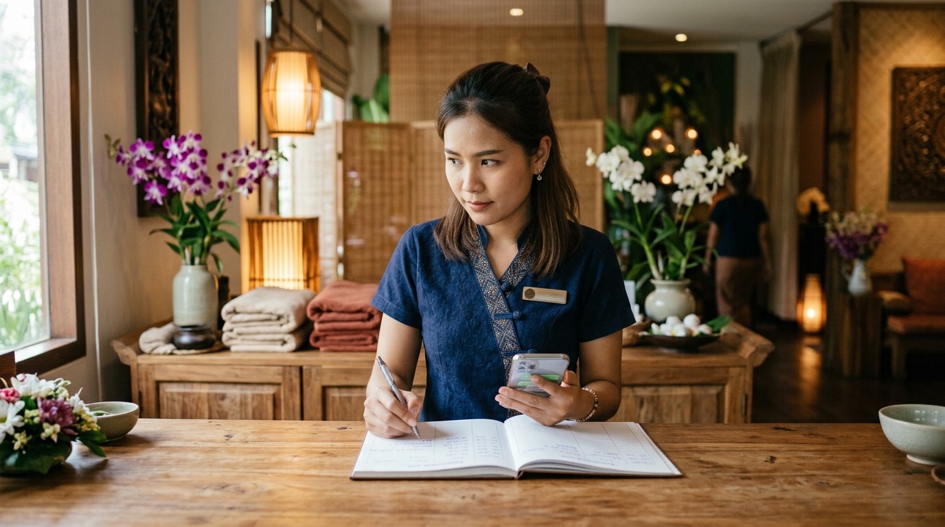 พนักงานต้อนรับสปาไทยกำลังเช็กข้อความ LINE และสมุดนัดหมายที่หน้าเคาน์เตอร์