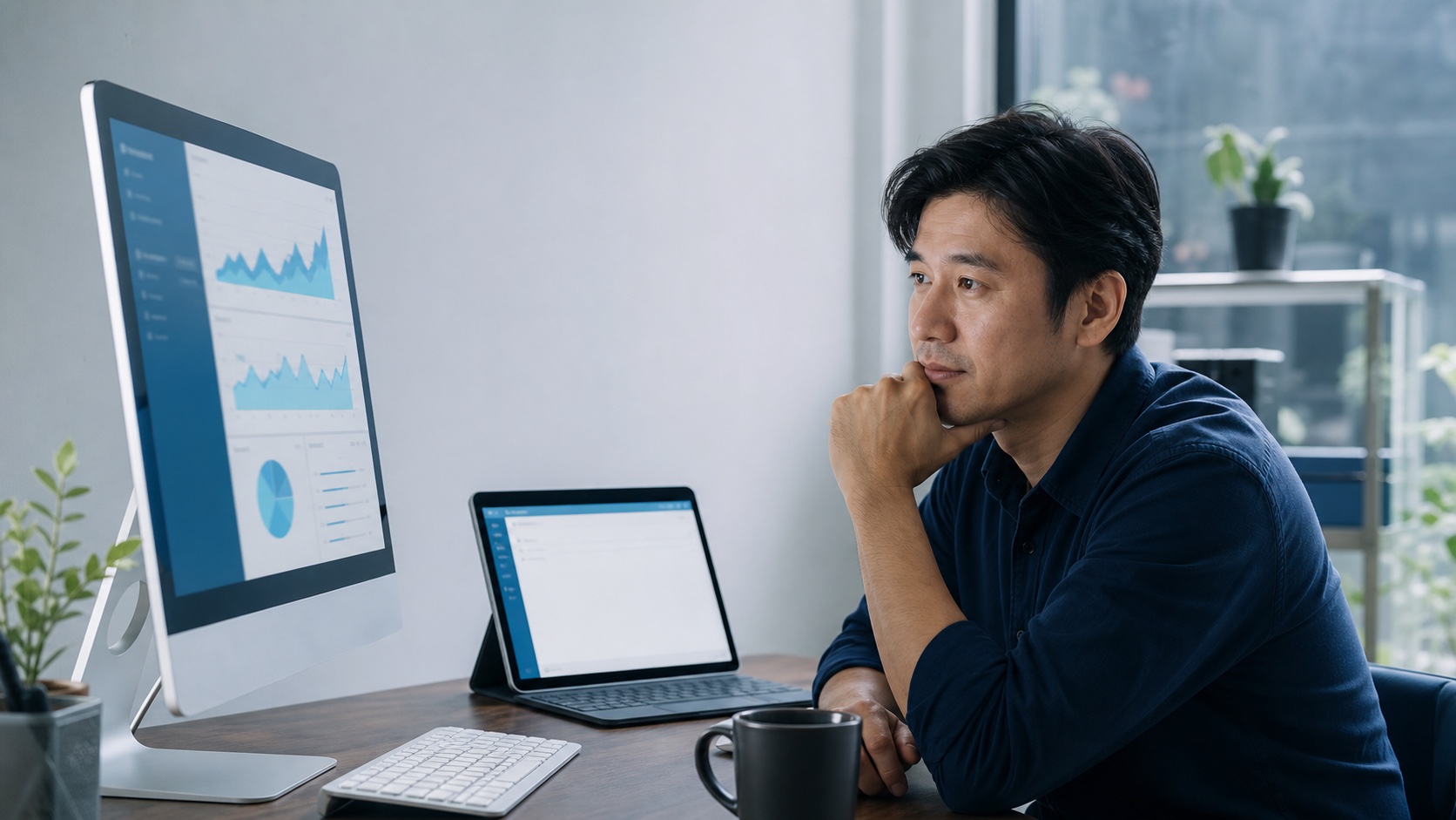 เจ้าของ SME ไทยกำลังเปรียบเทียบข้อมูล analytics ของเว็บไซต์ที่คึกคักกับกล่องข้อความคำถามลูกค้าที่ว่างเปล่า